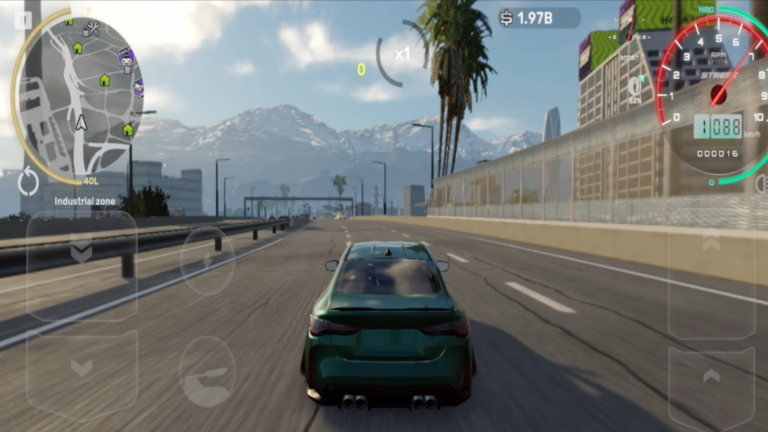 In CarX Street mod APK, green Car is run on the wide road..