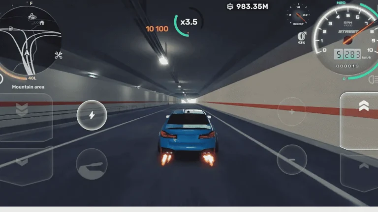 Car is driving on the road, with nitro boost effects.